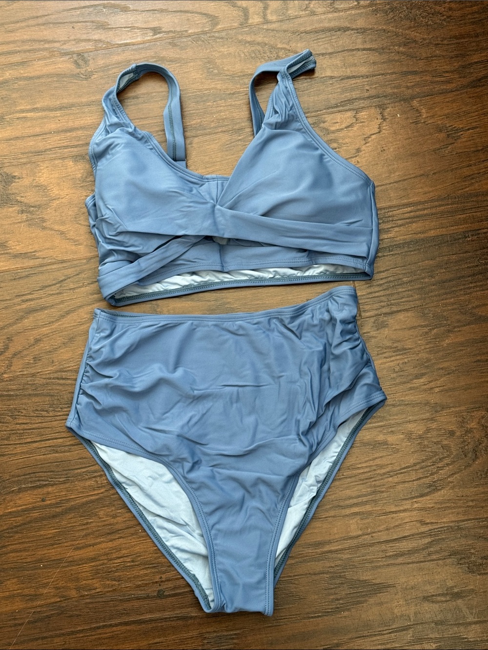 High-Waist Twist Front Bikini Set in Dusty Blue - Women Swim